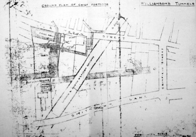 The Territorial Army map. The tunnels are the dark areas.