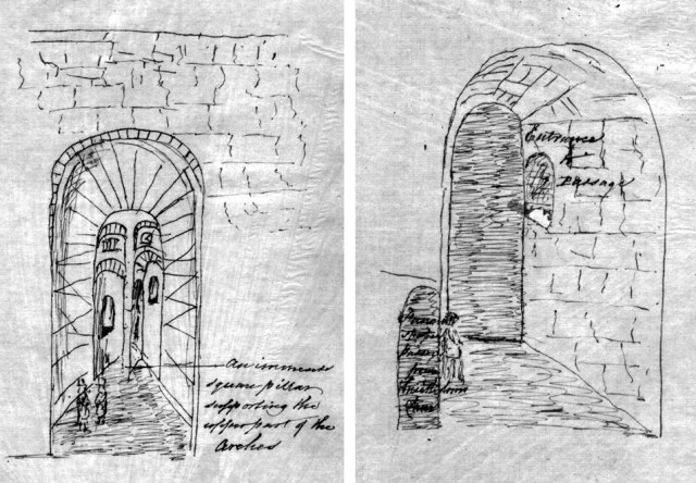 Two of James Stonehouse's sketches, drawn as he explored the tunnels in 1845
